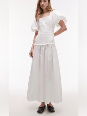 Topshop White Shirred Smocked Cotton Puff Sleeve Maxi Dress NWOT Sz 2